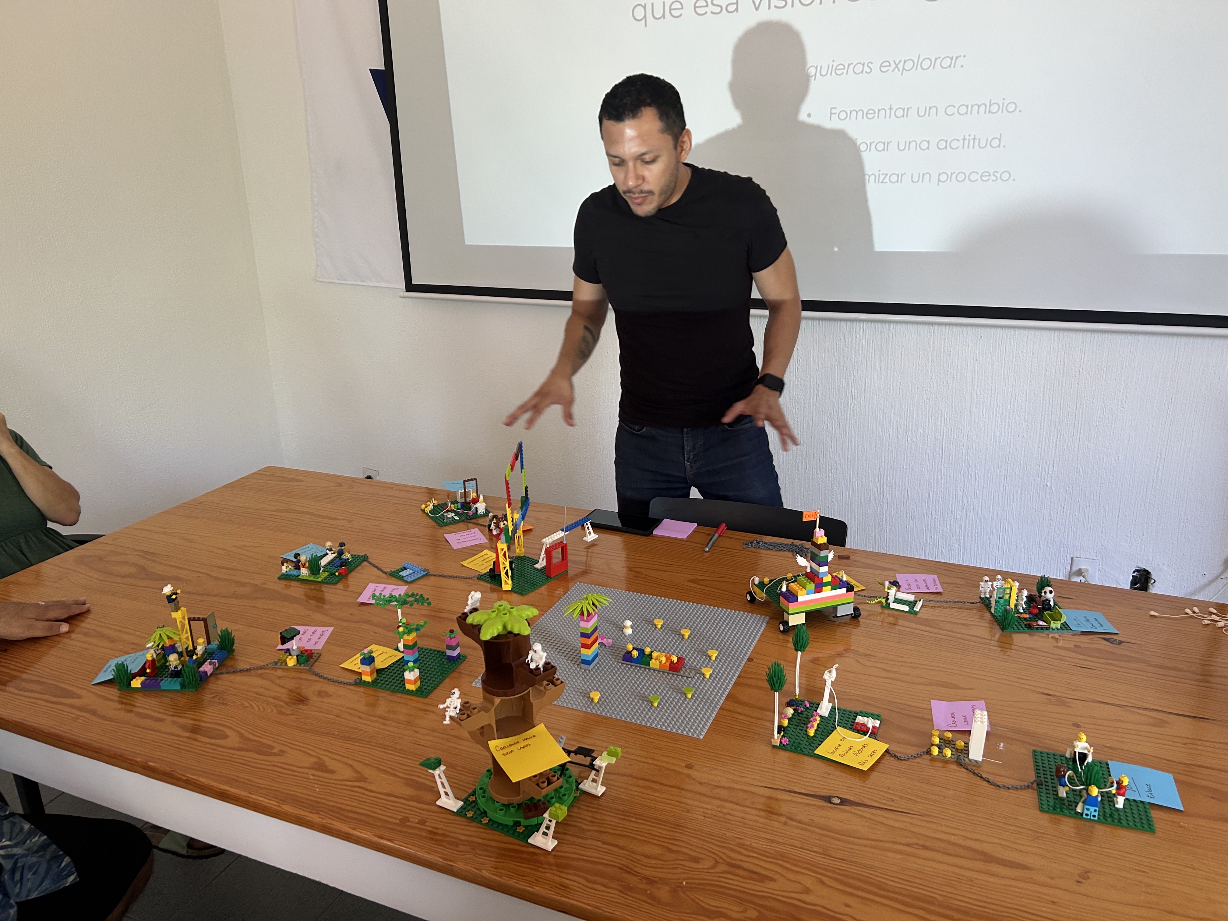 Facilitador dirigiendo sesión de LEGO Serious Play en ambiente corporativo